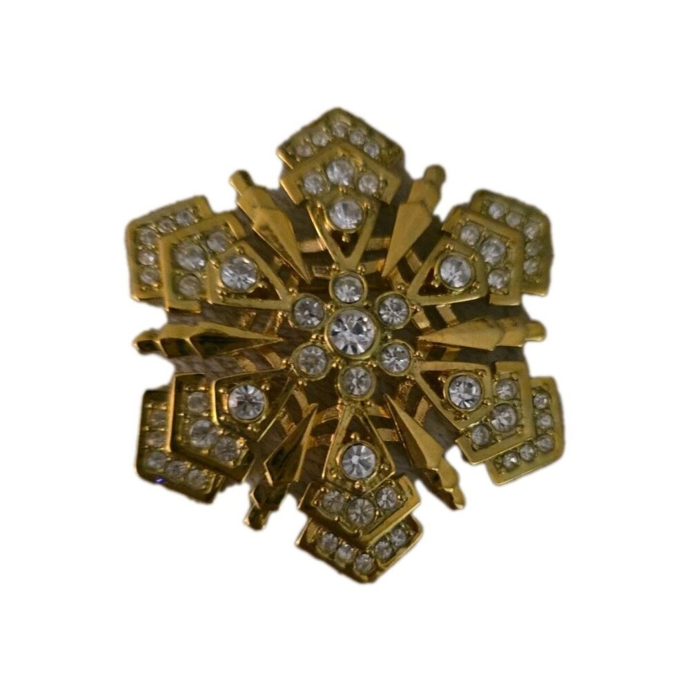 Vintage MONET Snowflake Rhinestone Brooch Pin Gold Tone Signed 2 3/4 Inches